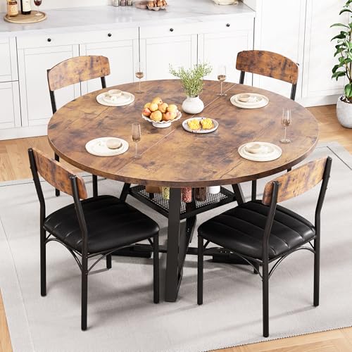 Jocoevol Runder Esstisch und 4 Esszimmerstühle Set Essgruppe 5-Teilig Esszimmertisch mit Ablage und 4 stühle für Küche Wohnzimmer Balkon Restaurant Büro (Vintage Braun 107x107x76cm)