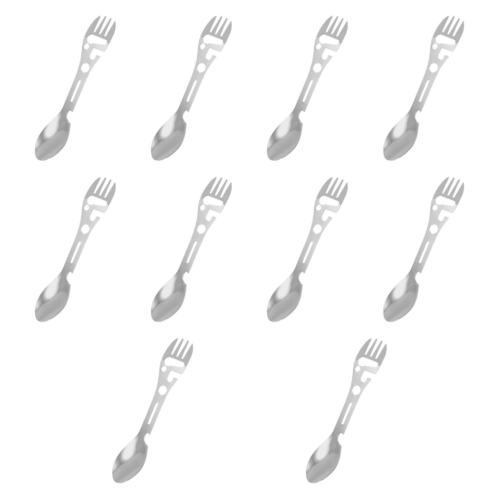 Menolana 10Pcs Multi Function Camping Spork Can/Bottle Opener Flatware Wrench Camping Utensils Fork & for Backpacking BBQ Travel, Silver
