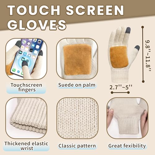 Winter Warm Hat Scarf Glove Set for Women,Fleece Lined Winter Beanie 3 in 1 - Beige Thermal Women Beanie with Pom, Thicken Widen Long Knit Scarf,Touchscreen Non-Slip Gloves4