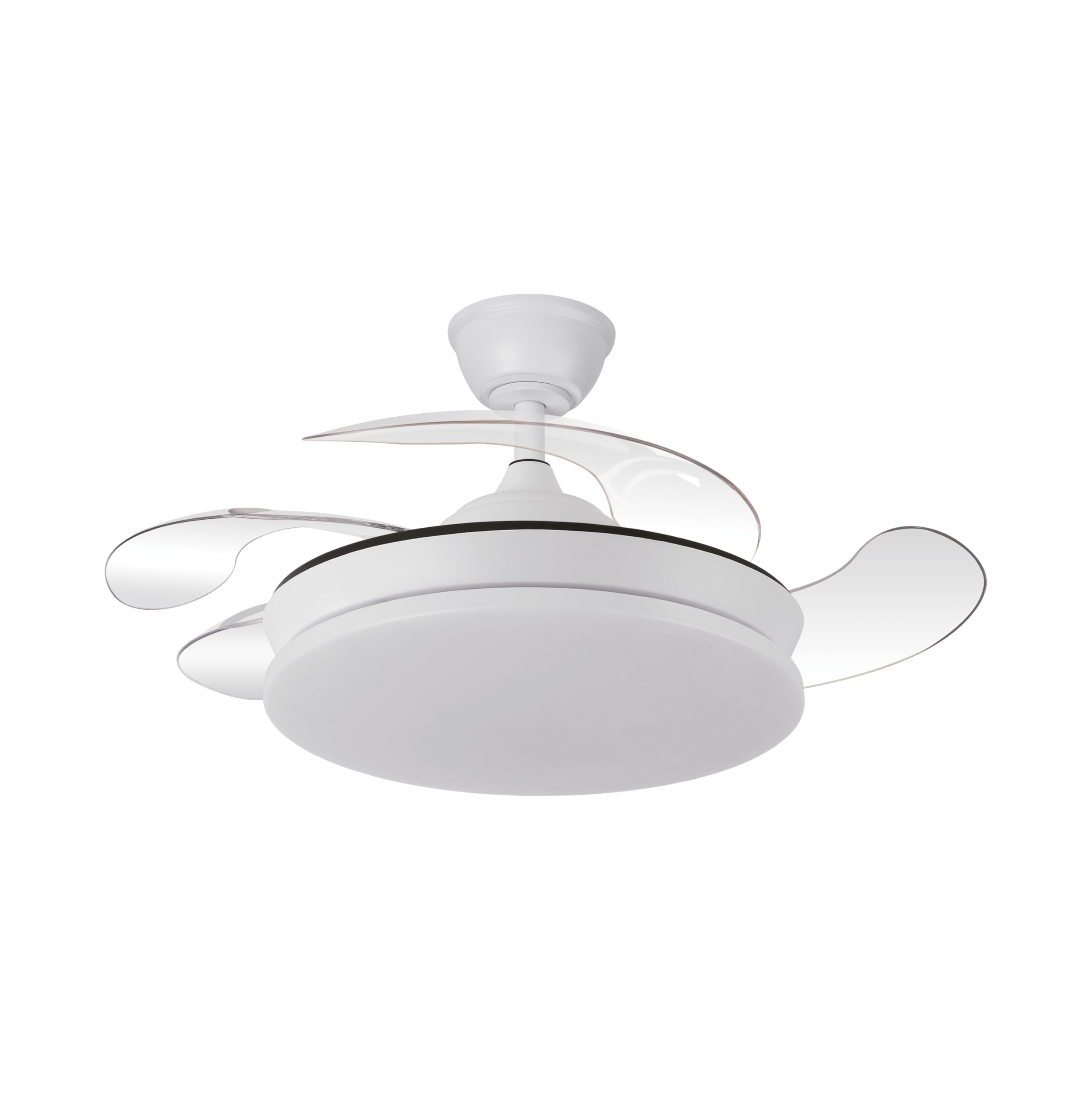 Vivid Torral Ventilador DC Tridente 59W Blanco con 4 Aspas Desplegables, Luz LED Regulable, Control Remoto y Temporizador, 91 cm Abierto, 40 cm Cerrado