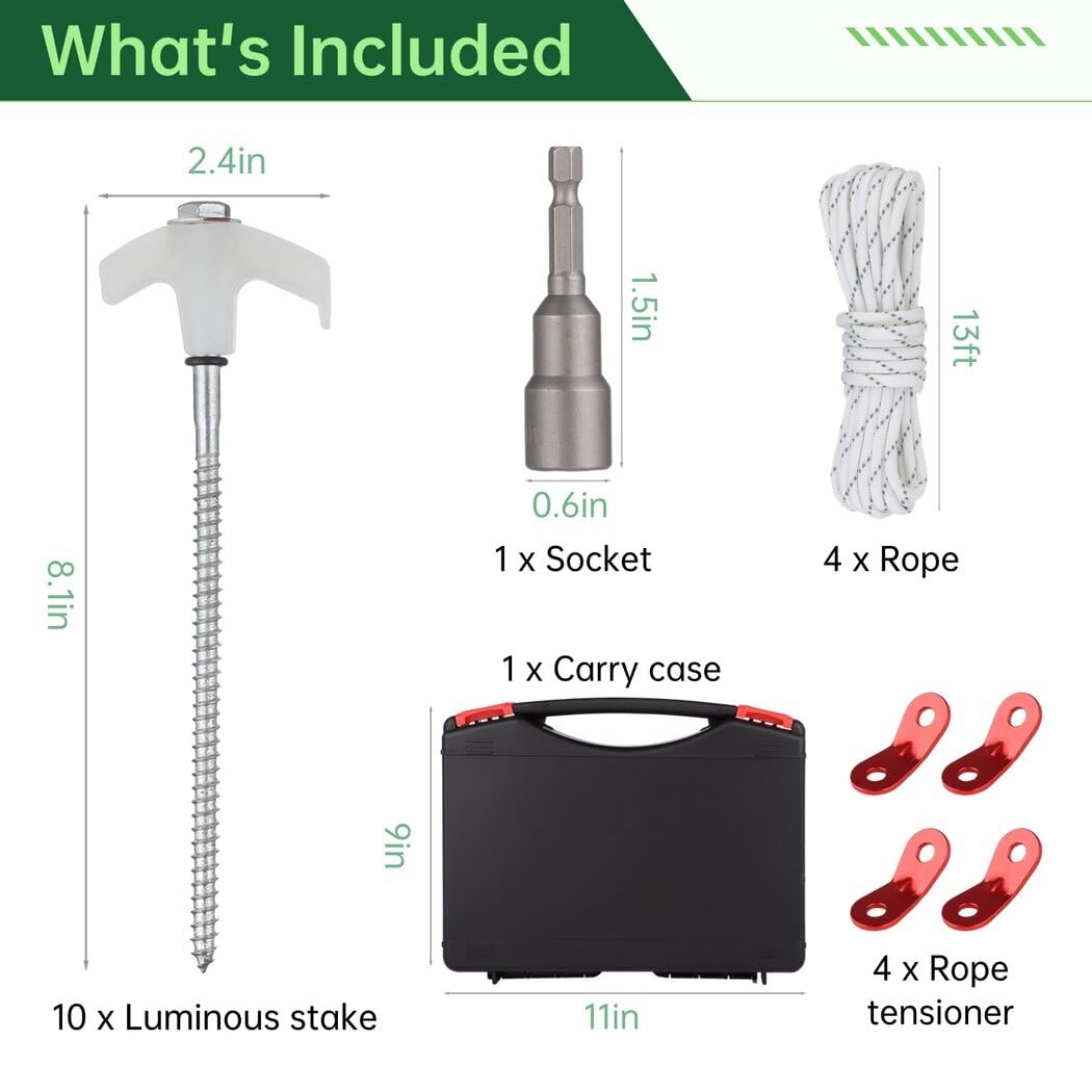 10 Pack Tent Stakes Heavy Duty Metal, 8 inch Tent Pegs Drillable Ground Anchors Screw in, Glow in The Dark Camping Stakes with Ropes and Tensioners, Hex Head Driver and Case