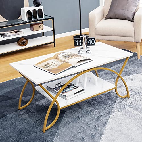 COSTWAY Couchtisch Marmor Optik, Kaffeetisch mit Ablage und Metallgestell, Wohnzimmertisch, Beistelltisch, Sofatisch für Wohnzimmer, 100 x 50 x 45 cm (Gold-weiß) – Bild 3