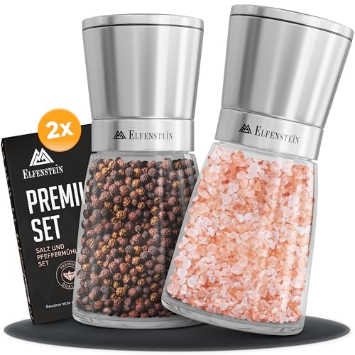 ELFENSTEIN Edelstahl Salz und Pfeffermühle Set mit Keramikmahlwerk - stufenlos einstellbar, Pfeffer und Salzmühle, Gewürzmühle, salt and pepper grinder, Mühlenset