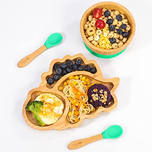 Vinsani Bamboo Dinosaur Plate Bowl and Spoon Set for Baby Toddler Kids Children, Suction Plate, Stay-Put Non-Slip Base Design, Hypoallergenic, Food-grade Silicone and BPA-Free Baby Feeding Set (Green)