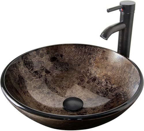 YU YUSING Waschbecken Aufsatzwaschbecken Hand Waschschale Wasserhahn Ablaufgarnitur Set, Waschplätze Glas für Bad Küche Gäste WC Badezimmer, 42 x 42 x 14 cm