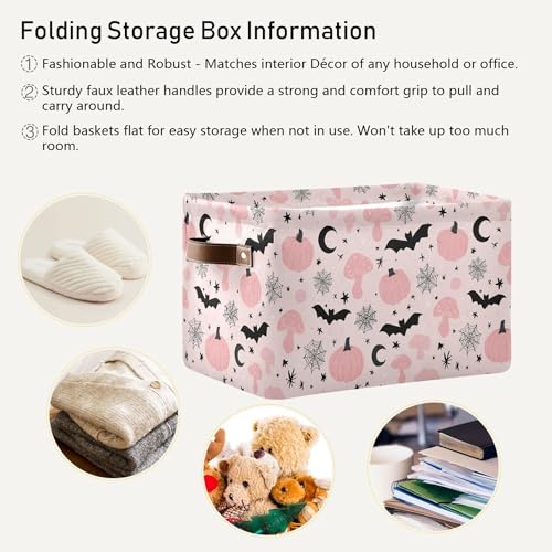Image of Happy Halloween Pink Storage Basket with Waterproof Liner and PU Handles Pumpkin Bat Moon Mushroom Storage Bins Boxes 14.2 inch Collapsible Decorative Organizer Baskets for Bedroom Closet Office 2 Pack