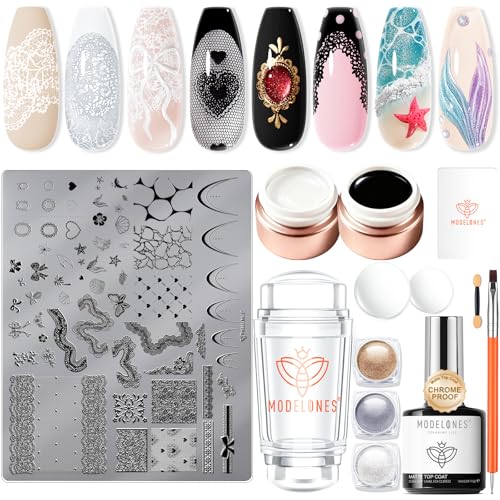 Image of Modelones 16PCS Lace Nail Stamping Kit, French Tip Stamper White Black Painting Gel Polish Chrome Powder Proof Matte Gel Top Coat Gingham Template Dual Nail Art Brush Spring Manicure Gift for Women