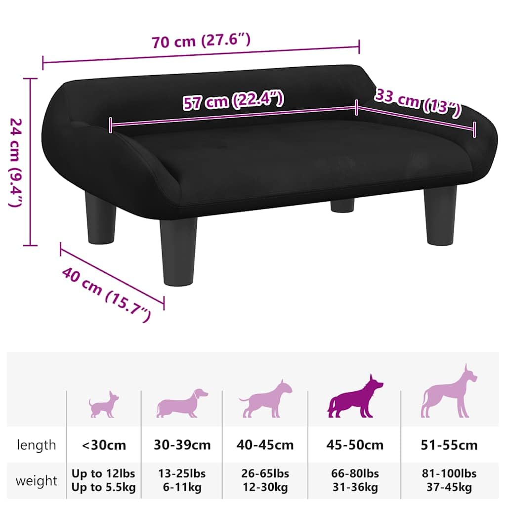 vidaXL Cama para Perros de Terciopelo Negra 70x40x24 cm, sofá para Perros, Cama para Cachorros, Asiento para Perros, sofá para Mascota