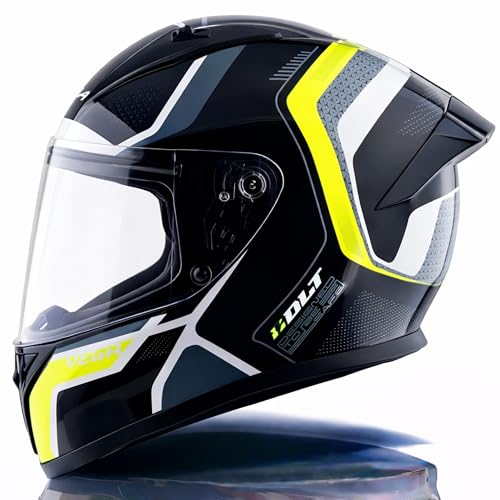 Image of Vega Bolt Tron Full Face Motorcycle Helmet with ISI Certification, Dual Visor, Aerodynamic ABS Shell, Shock Absorbing Liner, Lightweight Build, and Trendy Black Neon Yellow Finish Black Neon Yellow-M