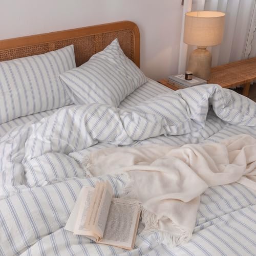 Image of BESTOUCH Striped Cotton Duvet Cover Set Linen Feel King | 100% Washed Cotton, Soft Wrinkle Texture, Hidden Zipper, 8 Ties, Breathable Lightweight Durable Comfy, 3 Pcs No Insert