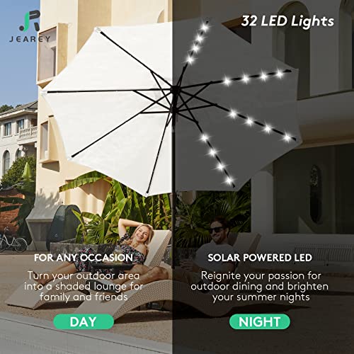 Image of JEAREY 9FT Outdoor Patio Umbrella with Solar Lights, LED Lighted Pool Umbrella with Tilt and Crank, Outdoor Table Umbrellas for Deck, Yard & Market (Off White)