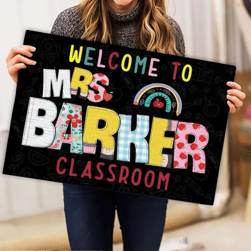 Colorful Classroom Doormat with Custom Name for Teachers - Non-Slip Rectangular Indoor Floor Mat for School Entrance, Front Door, or Office Décor - Cute Rubber Backed Welcome Rug Gift Idea