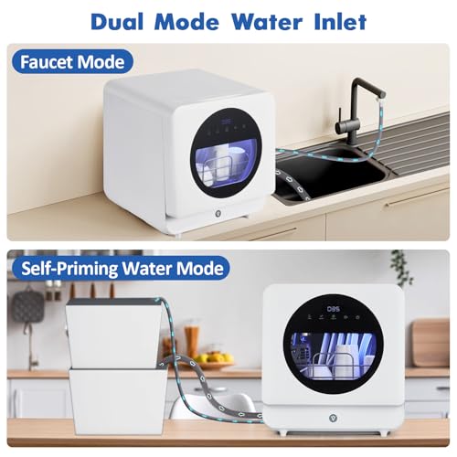 Dishwasher Countertop Compact Portable Dishwasher with Faucet & Self-Priming Water Modes Water Inlet, Compact with More Space Inside,6 Programs Ideal for RV & Apartments, No Hookup Needed