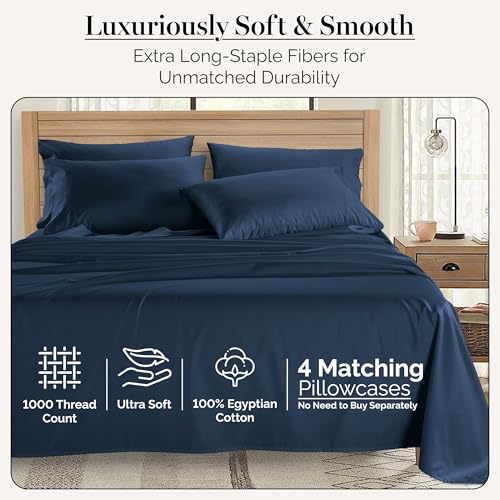 Casa Platino 100% Egyptian Cotton Sheets Queen Size Set - 6 Pcs (1 Flat, 1 Fitted, 4 Pillowcases) - - Ultra Smooth Sateen Weave Bed Sheets Set with 15" Deep Pockets - Navy Blue