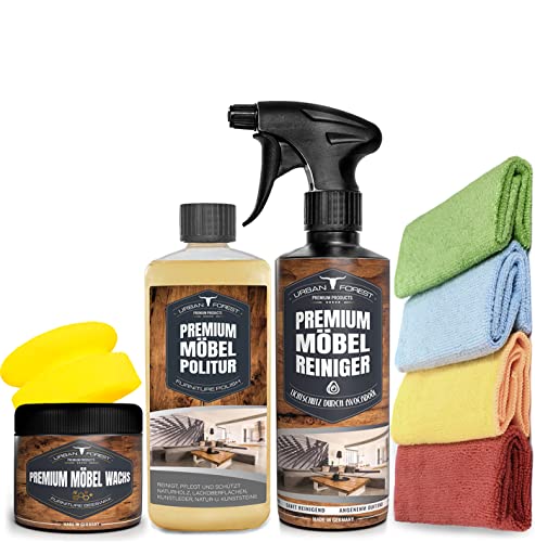 SPARSET Möbelwachs + Möbelöl + Möbelreiniger + Schwamm + 4x Mikrofasertücher für Holz, Kunststoff, Kunstleder, Natur- u. Kunststeine, Leder | URBAN FOREST