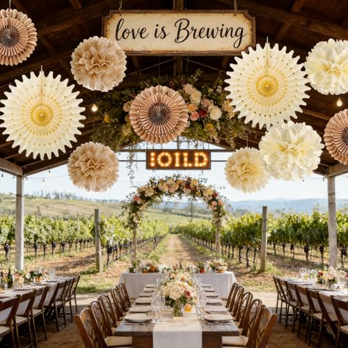 Image of SUNBEAUTY Brown Party Decorations Boho Wedding Party Decor Brown Beige Tissue Pom Poms Paper Fans Hanging Neutral Women Birthday Party Decorations Bridal Shower Baby Shower Rustic Engagement Decor