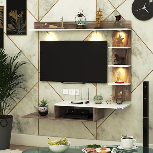 Image of Wintor Engineered Wood Wall Mounted TV Unit with 4 LED Lights,3 Open Shelves,1 Storage Box & Decorative Display Shelf for Living Room | Ideal for Upto 43 Inch TV- CoachWood /White(DIY Assembly)