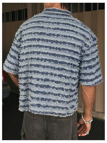 Men's Striped Raw Hem Denim Jacket Button Down Short Sleeve Jean Shirt Streetwear2