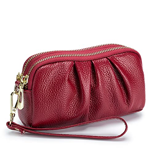 JONON Wristlet Wallets for Women Genuine Leather Wristlet Purses Ladies Ruched Wristlet Clutch Wallet Purses (Red)