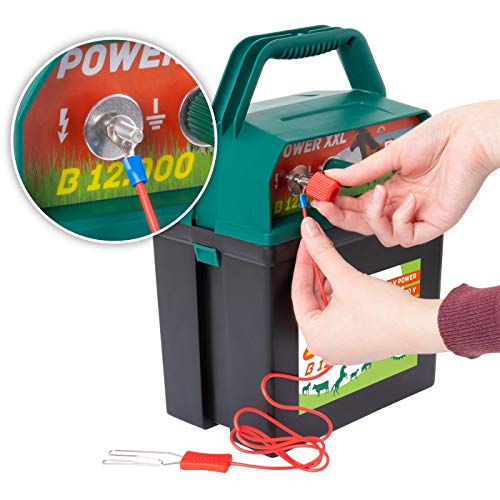 Power XXL B 12.000 Weidezaungerät 9V/12V Set mit Batterie und internationalem Warnschild, Elektrozaungerät, Weidezaun, Rind Pferd Pony Hund Katze Schaf Geflügel