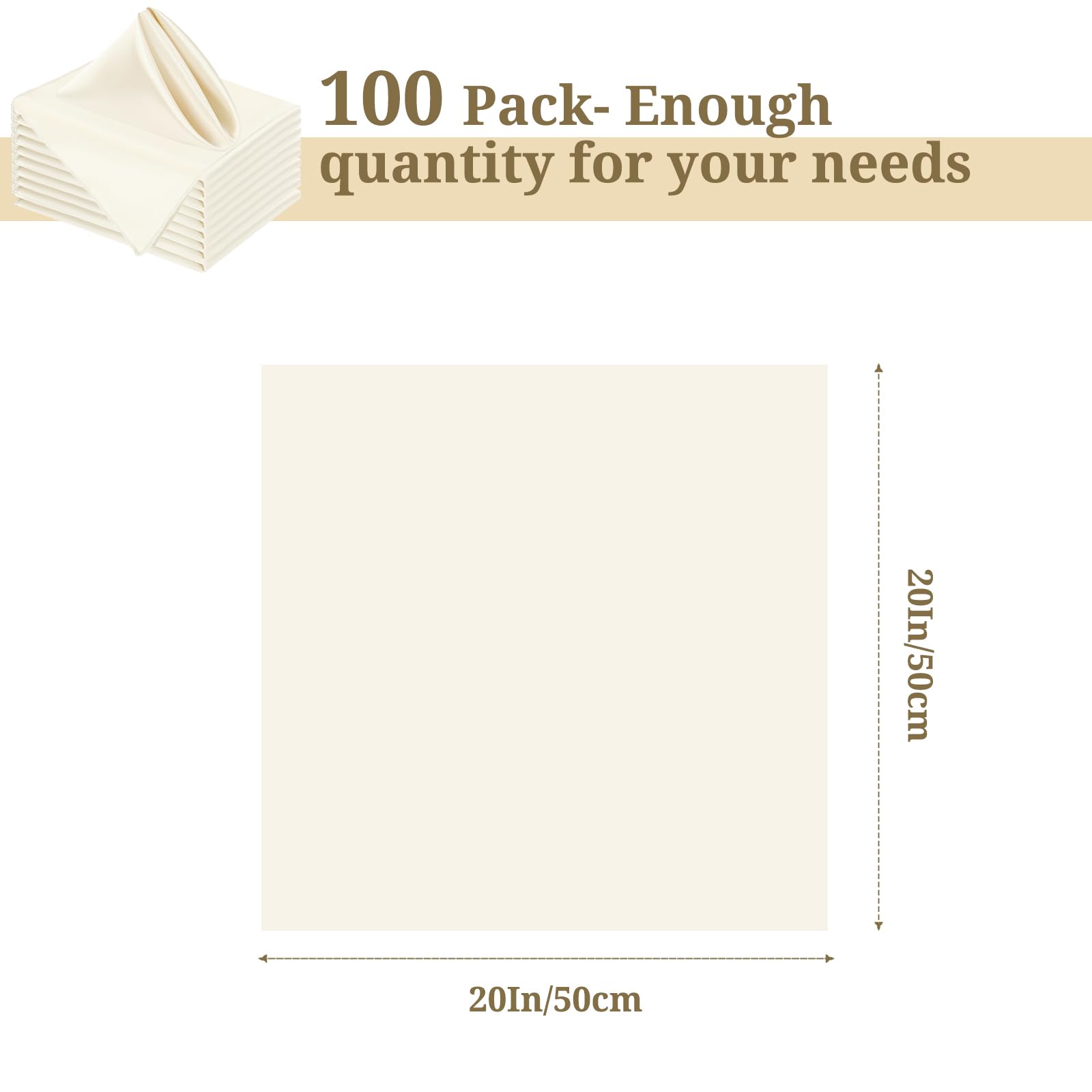 Lot de 100 serviettes de table carrées en satin doux et lavable pour mariages, fêtes, dîners, Thanksgiving, Noël - Ivoire - 50,8 cm