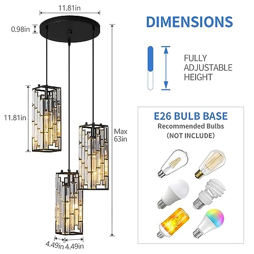 Image of Black Pendant Lighting Modern Pendant Light, Mini Crystal Chandeliers,Adjustable Pendant Light Fixture for Kitchen Island Dinning Room Bedroom (3 Light)