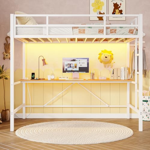 image for DICTAC Twin Loft Bed with Desk and Charging Station Twin Size Metal Be