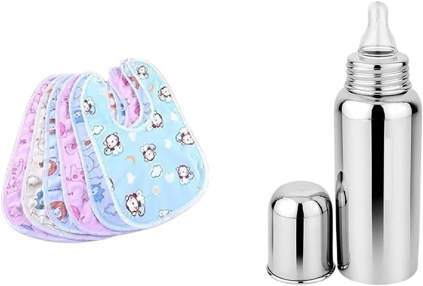 BabyGo Combo Pack | Waterproof Cotton Feeding Bibs Set of 6 + 150ml Stainless Steel Feeding Bottle, Soft, Washable, Reusable & Comfortable Baby Feeding Bibs for Infants & Toddlers | Multicolor