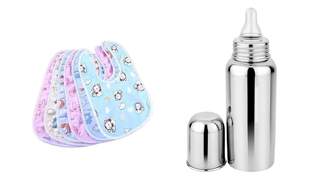 BabyGo Combo Pack | Waterproof Cotton Feeding Bibs Set of 6 + 150ml Stainless Steel Feeding Bottle, Soft, Washable, Reusable & Comfortable Baby Feeding Bibs for Infants & Toddlers | Multicolor