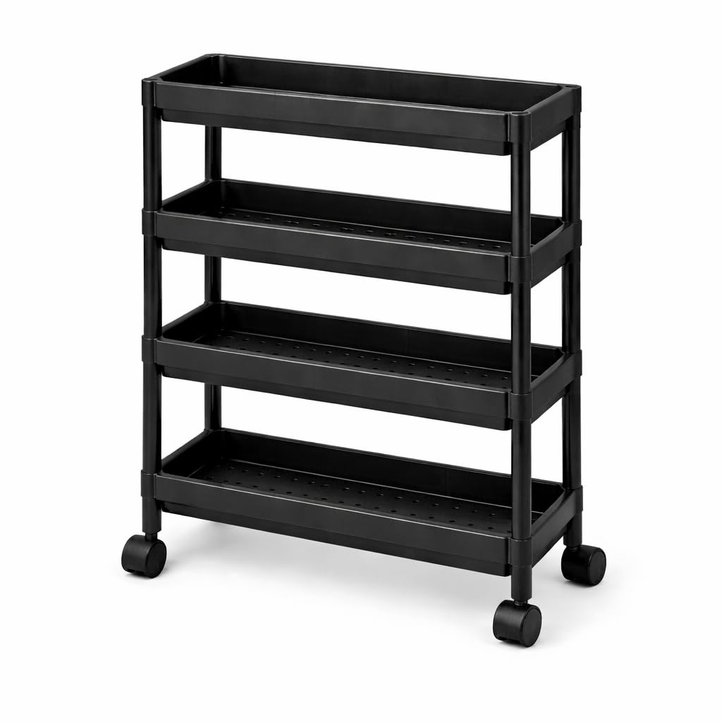 DIVCHI 4 Tier Storage Trolley Cart on Wheels Slim Rolling Slide-Out Slim Utility Cart Storage Shelving Organizer for Kitchen Laundry Narrow Space Rack Space-Saving Bathroom Bedside Trolley (Black)