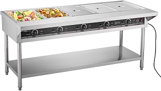 VEVOR 5-Pan Commercial Food Warmer, Electric Steam Table with Independent Temperature Control, 750W x 5 Stainless Steel Buffet Catering Food Warmer with Undershelf and Workspace, for Restaurant