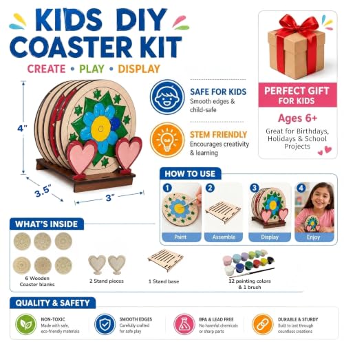 Image of BAGJI TOYS DIY Coaster Painting Kit for Kids & Adults - 6 Pre-Marked Wooden Tea Coasters with Stand, 12 Non Toxis Water Base Colours & 1 Brush - Mandala Art & Craft DIY Set - Beginner Friendly Painting Craft Kit, Birthday & Gift Activity (MandalaA5)
