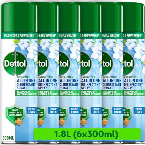Dettol, Antibacterial All In One Disinfectant Spray, Crisp Linen, 1.8L (300ml x 6pck) Household Sanitiser, Hard Surfaces, Upholstery, No Wiping Required, Kills 99.9 Percent of Germs