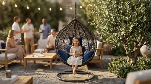 Image of UNIVERSAL FURNITURE Hanging Egg Swing Chair with Stand, Woven Wicker Rattan Style Swing with Cushion, Freestanding Indoor Outdoor Hanging Chair for Patio, Balcony, Garden & Porch (Brown Blue)