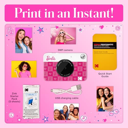 Image of Kodak x Barbie Printomatic Full-Color Instant Print Digital Camera, 5MP Portable Barbie Camera, Zink 2x3 (5.1x7.5 cm) Sticky-Back Photo Paper, Gift for Christmas, Holiday, Birthday, Iconic Style