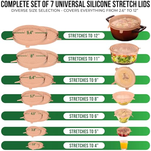 Image of Reusable Silicone Stretch Lids for Food Storage in Fridge - Elastic Heat-Resistant Bowl Covers, Cups, Cans, Jars - Universal Food Grade Lid for Containers - 7 Pack - Apricot Stretchy Lid Set
