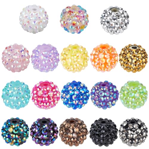 PONABEADIY 1 boîte de 20 perles Rondes en Résine Strass de 18 couleurs (Bleu Blanc Jaune) Strass Scintillants Perles Disco Effet Bubblegum Perles...