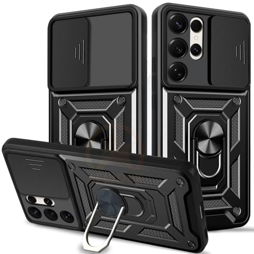 Image of Armor Bumper Back Cover Case for Samsung Galaxy S25 Ultra 5G | Rotating Camera Cover, Ring Holder & Kickstand | Heavy Duty & 360 Degree Protection Back Cover (Black)