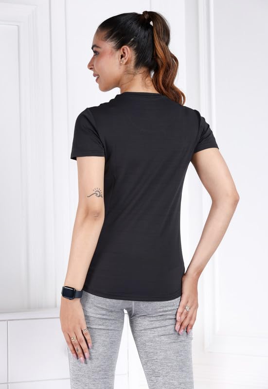 Image of Mlada Luxury Athleisure T Shirt Polyester Stretch Knit T-Shirt Full Length Moisture Wicking, Breathability, Compression for Gym, Workout and On-The-Move for Women