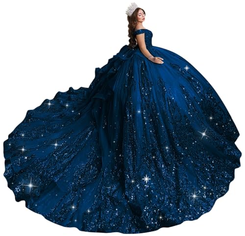 KPDFIF Tiered Tulle 15 Dresses for Quinceanera Sparkly Appliques Navy Blue Quinceanera Dresses Off Shoulder Ball Gown 16 Plus Size