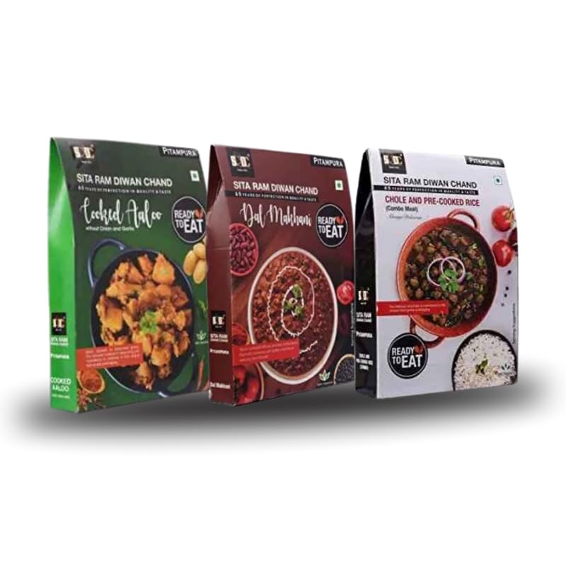 Sita Ram Diwan Chand Ready to Eat Cooked Aaloo | Dal Makhan | Chole and Pre-Cooked Rice 300 Gram Each| No Preservatives | No Artificial Flavors | 100% Natural Ingredients | Tasty Snacks - Pack of 3