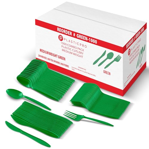 PLASTICPRO 1000 piece Cutlery Combo set of Green Plastic Forks, Spoons, and Knives Disposable Colored Cutlery Bulk Pack Variety Pack for Party Home Office