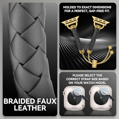 Image of Leather and Metal Band Compatible with Apple Watch Bands for Women,Adjustable Designer Cute Stylish Strap for iWatch Series11 /10 /9 /8 /7 /6 /5 /4 /3 /2 /1 /SE /Ultra