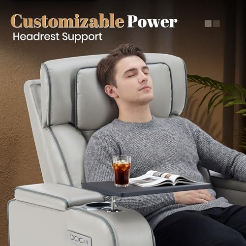 Image of Luxury Home Theater Seating, Dual Motor Power Recliner Chair with Adjustable Headrests, Reclining Movie Theater Seats with Extended Footrest, Tray Table for Living Room (Grey)