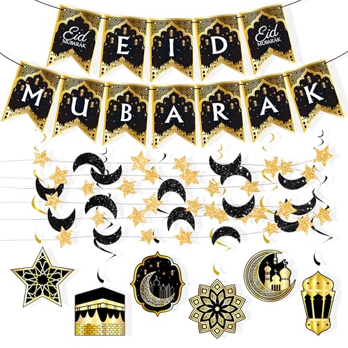 8 Stück Eid Mubarak Dekoration Eid Mubarak Banner Hängende Wirbel mit Stern Mond Girlande Ramadan Dekorationen Set für Islam Muslimischer Ramadan Partydekorationen