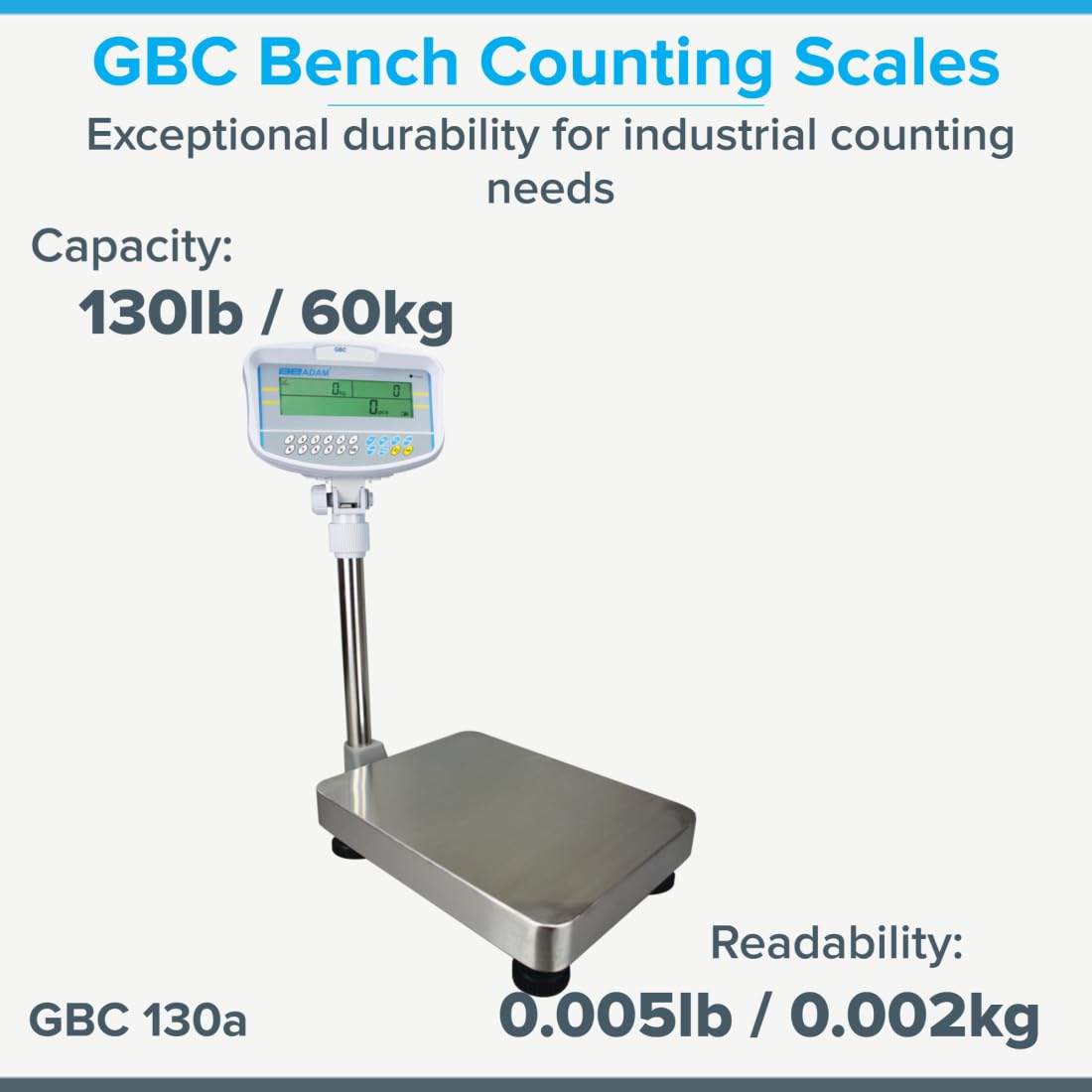 Adam Equipment GBC 130a Bench Counting Scale, 130lb/60kg Capacity, 0.005lb/2g Readability , Gray