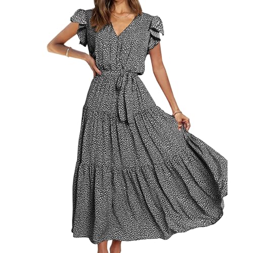 FQFGGYD Women's Tiered Midi Dress Floral Prom Dress Wedding Guest Dresses V-Neck Ruffled Sleeve Boho Dresses Beach Sundress Black