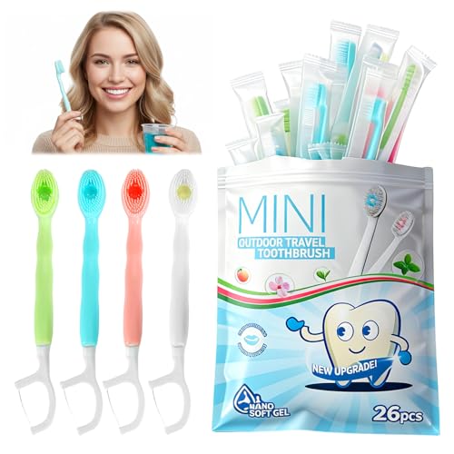 26 mini spazzolini da denti monouso con dentifricio, 5 in 1 usa e getta con filo interdentale, raschietto per lingua e stuzzicadenti, spazzolino da viaggio confezionato singolarmente per viaggiare