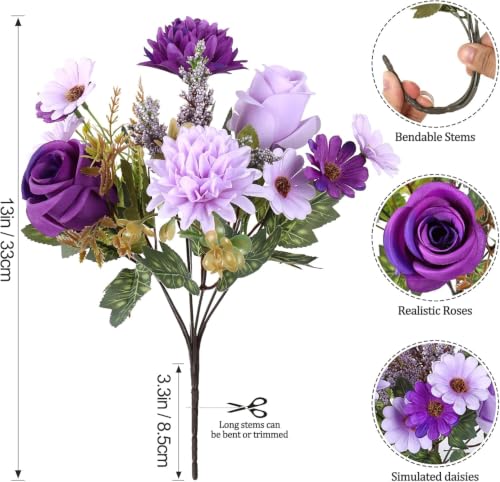 Image of Artificial Flower Bouquet for Home Decoration - 2 Pcs Faux Rose & Daisy Bouquet (Without Pot) Artificial Flowers for Living Room, Bedroom, Office, Vase Decoration (Purple)