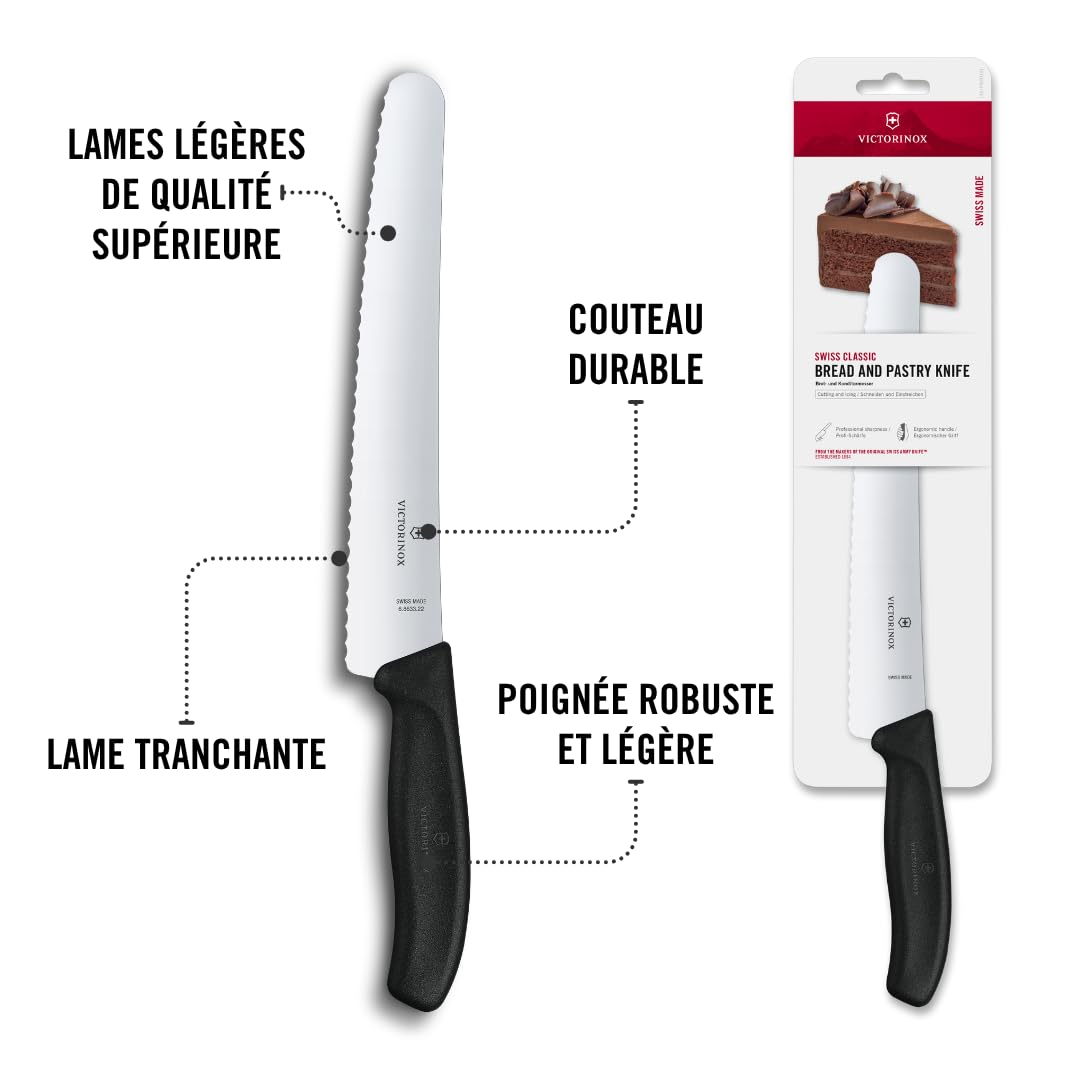 Victorinox Swiss Classic, Couteau de pâtissier professionnel, Lame extra-tranchante, Taille dentée, 22 cm, Acier inoxydable, Noir